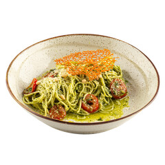 Portion of gourmet pesto spaghetti pasta
