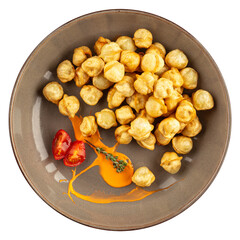 Portion of fried pelmeni dumplings with sauce