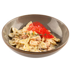 Portion of gourmet farfalle creamy salmon pasta