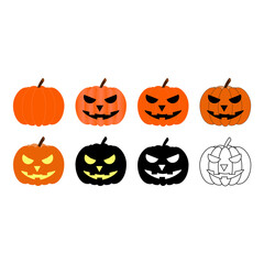 Set of pumpkins in different styles isolated on white background. Gourd with glowing eyes. Black squash. Cartoon vector illustration