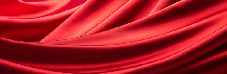 ドレープのある赤いシルクの布の背景テクスチャー - obrazy, fototapety, plakaty