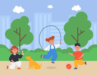 Obraz premium Preschool kids playing in playground of park or garden. Girls jumping rope and training dog, boy hitting ball flat vector illustration. Kindergarden, fun activity of children, summer camp concept