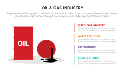 oil and gas industry infographic concept for slide presentation with 4 point list data information with red barrel oil