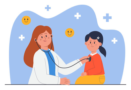 Examination of sick girl by doctor pediatrician in hospital. Female medic specialist holding stethoscope and smiling flat vector illustration. Pediatrics, medical checkup in clinic, medicine concept