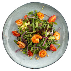 Portion of gourmet shrimp salad with arugula