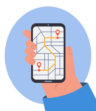 Hand Of Customer Holding Smartphone With GPS Navigation App. People Using Urban Map, Location Pin And Direction On Cell Phone Screen Flat Vector Illustration. Mobile Geolocation, Travel Concept