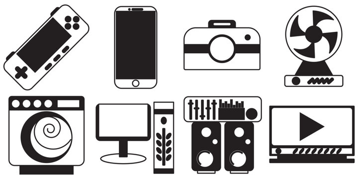 icon pack of black and white electronic equipment such as smartphones, video games, mirrorless dslr cameras, fans, washing machines, computers, televisions and sound systems
