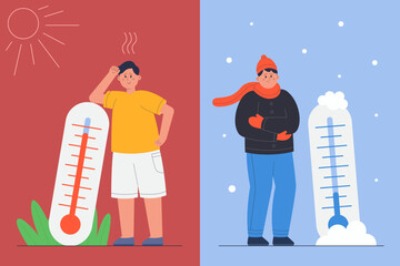 Person with winter cold, summer heat and thermometer. Man standing in freeze and snow or suffering from hot weather flat vector illustration. Meteorology, extreme high and low temperature concept