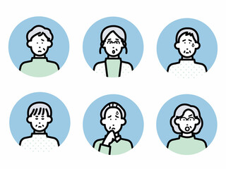 ネガティブな表情の高齢者の丸いイラストアイコンセット