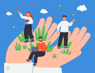 Care, control and help from employer to team of employees. Giant hands of boss holding working tiny people flat vector illustration. Social support, wellbeing at work, protection of leader concept