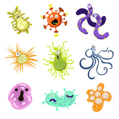 Funny bacterias and germs characters set. Vector illustrations of ugly micro creatures with scary faces, eyes and teeth. Cartoon cute viruses, microbes isolated on white. Infection, biology concept