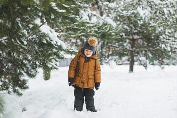 Fototapeta na wymiar A boy is standing under a snow tree and snow is falling on him