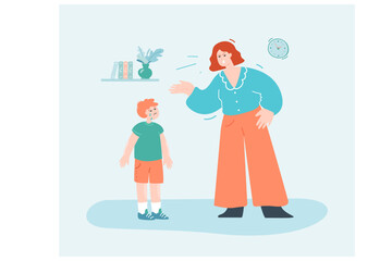 Angry cartoon mom reproaching upset son for being naughty. Argument between mother and crying kid flat vector illustration. Family, parenting concept for banner, website design or landing web page