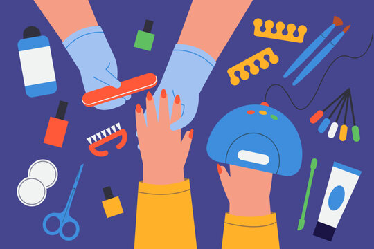 Top view of customers hands during nail care procedure. Female manicurist working at table with equipment for manicure flat vector illustration. Service in beauty salon or studio, cosmetics concept