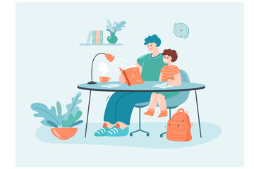 Cartoon father reading book and helping son with homework. Dad and small boy sitting at table together flat vector illustration. Family, parenting, education concept for banner or website design
