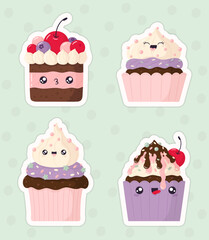 Kawaii cupcakes with sugar topping, cream, chocolate and berries. Vector set of cute cartoon cakes on a polka dot background