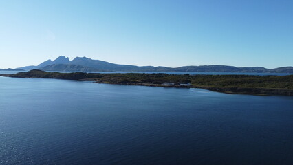 majestic aerial view of the islands and ocean in Helgeland on the way to the city of Sandnessjoen