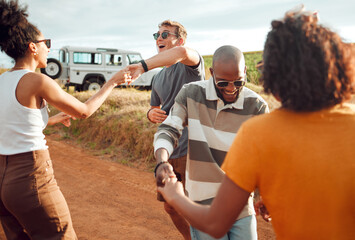 Road trip, travel and friends dancing together celebration for holiday journey, outdoor vacation...