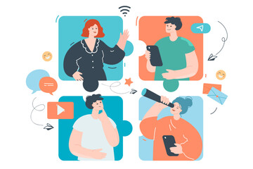 Team of creative people working online. Flat vector illustration. Puzzle of colleagues communicating on social media, interacting, collaborating. Partnership, teamwork, online, Web, connection concept