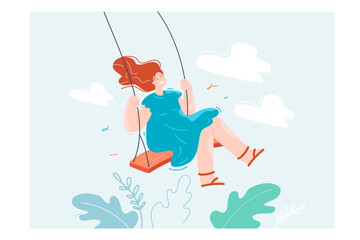 Happy girl swinging on swing flat vector illustration. Woman in good mood having fun, smiling and dreaming. Leisure activity, lifestyle concept