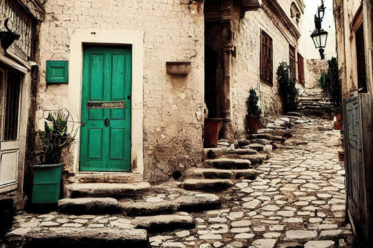 Fototapeta Beautiful old medieval downtown cobblestone alley streets, stone steps, colorful doors and windows, greek mountain village, historic architectural background