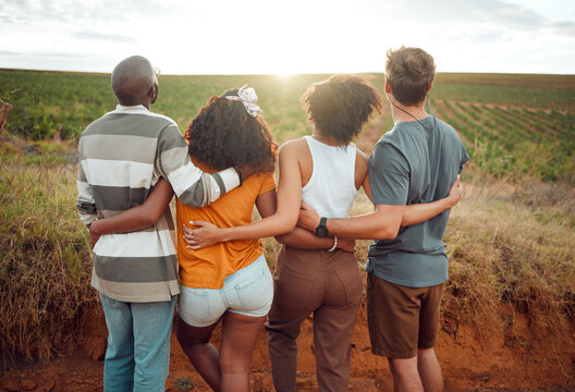 Vineyard, Ecology And Travel People Hug On Sustainability Farm For Nature Journey, Countryside Experience Or Outdoor Adventure Lifestyle. Group Friends Care For Ecology, Agriculture And Earth Day