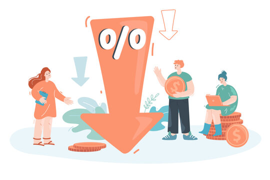 Tiny workers watching percentage of profits fall. Flat vector illustration. Huge arrow pointing down, employees sitting on coins, preventing losses. Financial crisis, reduction, decrease concept