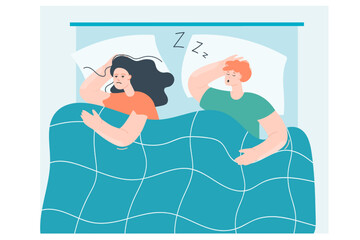 Sad wife with insomnia lying in bed next to snoring husband. Cartoon married couple, person with sleep apnea making noise, sleeping problem flat vector illustration. Sleep disorder, bedtime concept