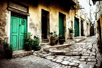 Beautiful old medieval downtown cobblestone alley streets, stone steps, colorful doors and windows, greek mountain village, historic architectural background