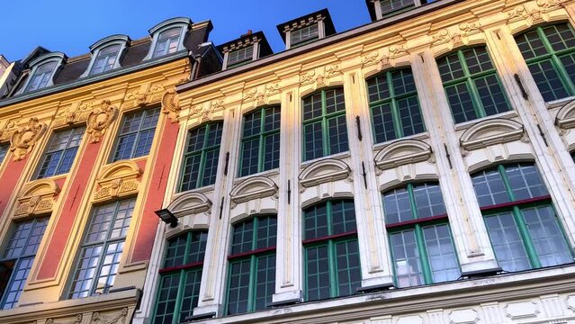 Front Facade And Windows Of Typical Architectures At General de Gaulle Square In Lille, France. - slider, low angle