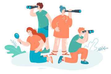 Team of business people with spyglass, magnifier and binoculars. Staff characters looking for business direction or opportunities, new ideas flat vector illustration. HR, success, goal concept - obrazy, fototapety, plakaty