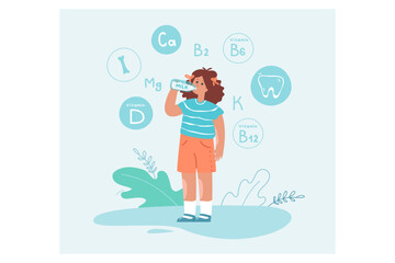 Cute cartoon child drinking delicious milk for breakfast. Kid holding glass bottle in hand on blue background, health benefits of milk flat vector illustration. Healthy lifestyle, diet, food concept