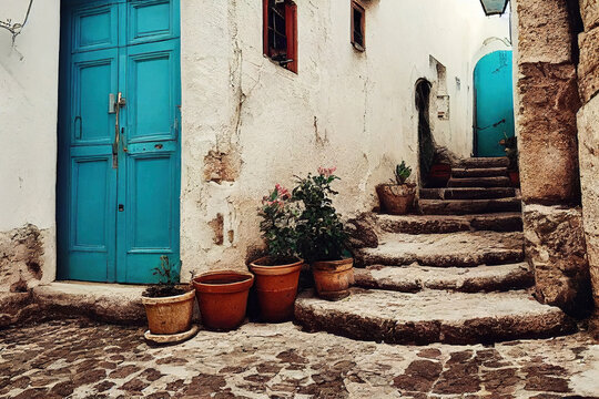 Fototapeta Beautiful old medieval downtown cobblestone alley streets, stone steps, colorful doors and windows, greek mountain village, historic architectural background