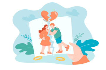 Hand of child holding torn photo of cartoon family. Married couple with problems at home, broken heart and rings flat vector illustration. Family, divorce, breakup concept for banner, website design