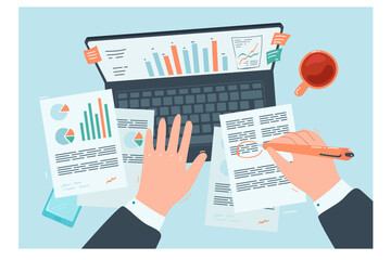 Top view of accountant analyzing business documents. Hands of office worker doing research using technology, analyst studying data flat vector illustration. Audit concept for banner, website design