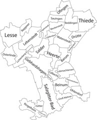 White flat vector administrative map of SALZGITTER, GERMANY with name tags and black border lines of its districts