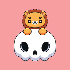 cute skull lion halloween cartoon mascot doodle art hand drawn concept vector kawaii icon illustration