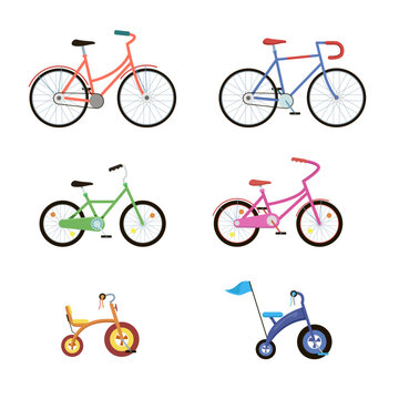 Cute bicycles of different colors set. Vector illustrations of eco city transport for kids or adults. Cartoon collection of balance bikes isolated on white. Sport race, transportation concept