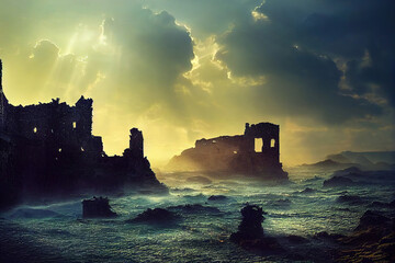 Fototapeta premium Castle ruins on the cliff, stormy ocean coast, sun beams from the couds, CG illustration