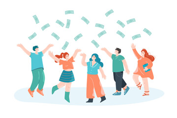 Obraz premium People rejoicing in rain of money. Flat vector illustration. Business team getting profit, winning lottery, jumping under banknotes falling from sky. Success, jackpot, income, investment concept