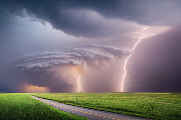 Supercell thunderstorm, big dark clouds, beautiful landscape background, digital illustration