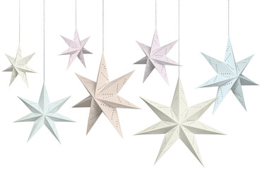 Fototapeta premium Seven faintly pastel colored Christmas decoration paper stars hanging isolated