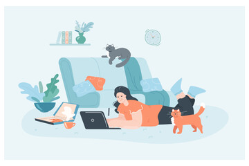Fototapeta na wymiar Freelance work of busy woman lying on floor with laptop. Girl working online in cozy home office with cats, plants, carpet and couch flat vector illustration. Remote job, modern lifestyle concept