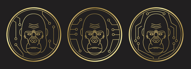 Monkey coin. Mining, alternative currency, Nft. Three variants of the gorilla head logo. Monkey face icon. The head of a primate with a serious expression. Outline, flat, gold. Vector illustration.