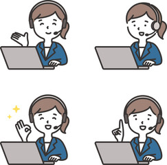 ヘッドセットをつけてパソコンに向かうオペレーターの女性のイラストセット