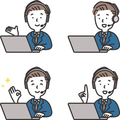 ヘッドセットをつけてパソコンに向かうオペレーターの男性のイラストセット