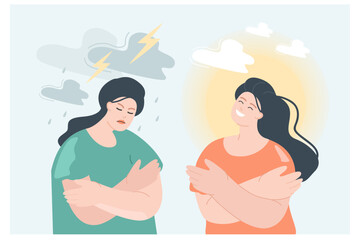 Good and bad mood of girls under rain with clouds or sun. Happy and unhappy, negative and positive thoughts of person flat vector illustration. Pre menstrual syndrome, PMS, mental health concept