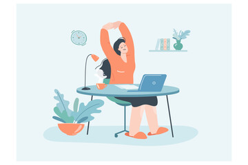 Happy female office person stretching while working on laptop. Employee cartoon character taking break or rest at desk flat vector illustration. Job, workplace, relaxation concept for banner