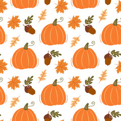 Autumn leaves, pumpkin and acorns. Seamless pattern. Can be used for web page background fill, surface texture