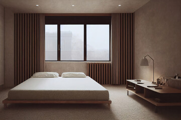 Modern cozy luxury bedroom, warm lights, double bed, wooden wall, 3d render, 3d illustration